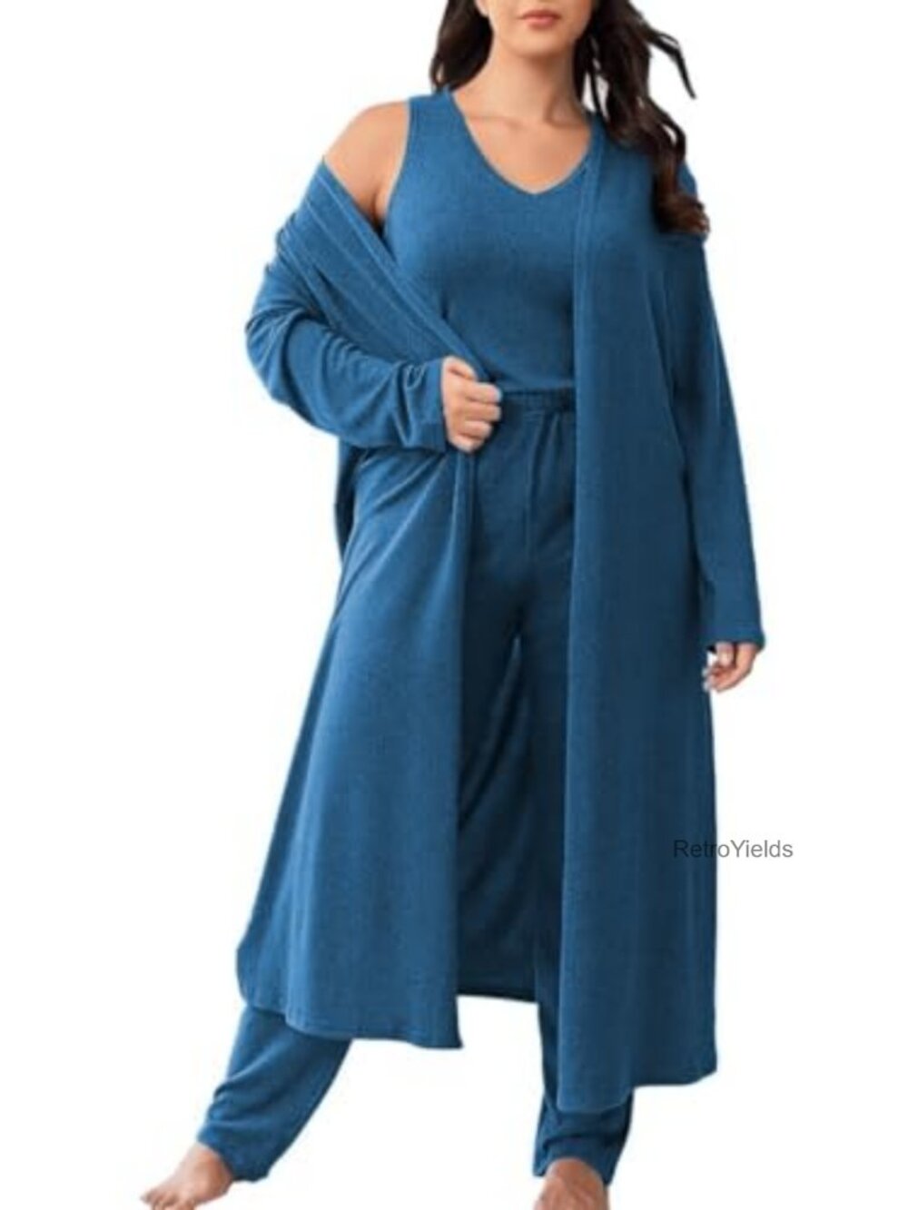 Plus Size 3 Piece Cardigan Vest Pants Lounge Set Polyester Spandex Loungewear
